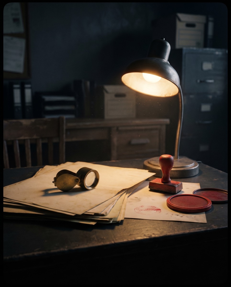 A brass magnifying loupe and red stamp on documents under desk lamplight